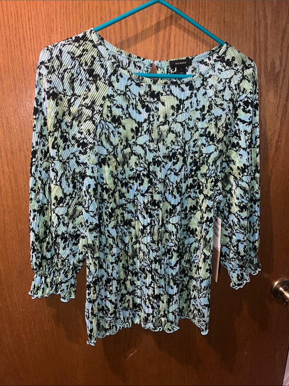 Halogen Mint and Black Floral Pleated Top